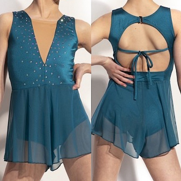 The Line up solo dance costume ALYSHA BIKETARD teal mallard green rhinestone 10 - Picture 1 of 12